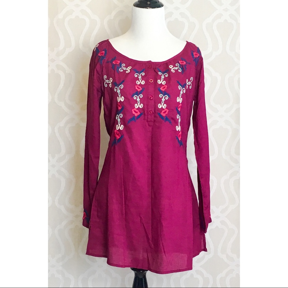 *CLEARANCE* Linen Embroidery Plum Wine Tunic - Picture 2 of 7